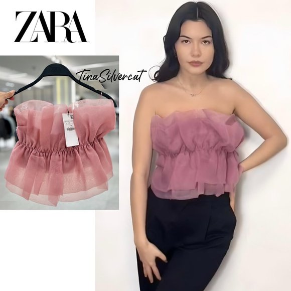 BLOGGER'S FAVE! Zara Organza Strapless Top Pink Sz S NWT - Picture 8 of 11